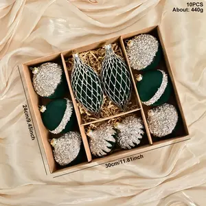 Luxury Velvet Christmas Ornament Balls – 10PCS 8cm Dark Green Flocked Baubles for Tree Decor, Holiday, Wedding & Party