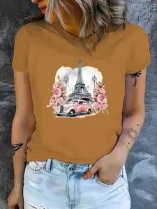 Women's Eiffel Tower & Floral & Car Print Round Neck Tee, Vintage Trendy Casual Short Sleeve T-shirt for Daily Wear, Ladies All Seasons Outfit