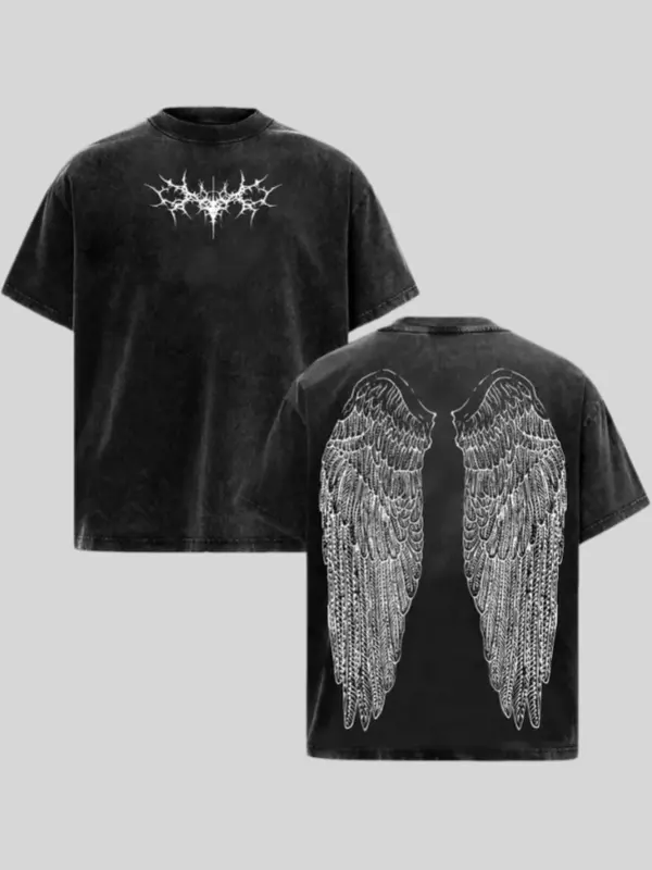 Men's Gothic Casual Oversized Drop-Shoulder Premium Cotton Vintage Acid-Washed Relaxed Short-Sleeve Streetwear T-Shirt with Double-Sided Angel Wings Print