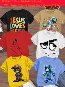 Boys Summer Casual Cool Building Block Astronaut Print Short Sleeve T-Shirt, Comfortable Versatile Loose Fit, Random Style Gift, Graphic Tees