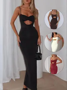 Valentine's Day Women's Low Cut Design Dress, Sexy Elegant Feminine Long Gown with Adjustable Straps, Ruched Bust Tight Fit, Slim-Fitting Style