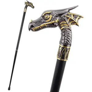 Ornate Dragon Head Walking Cane - 36.5" Gothic Style Ergonomic Handle, Elegant Matte Metal Finish
