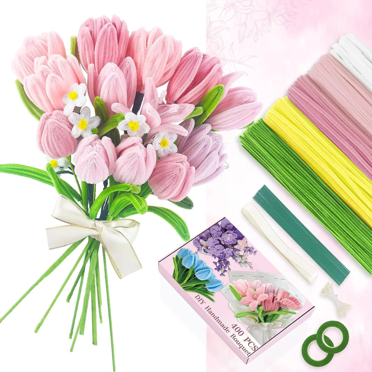 400 count  Pipe Cleaners Craft , 5 Colored Pipe Cleaner Flower Kit, Pastel Chenille Stems for  Bouquet Wrapping Party Decorations with Floral Wire, Ribbons, Tape