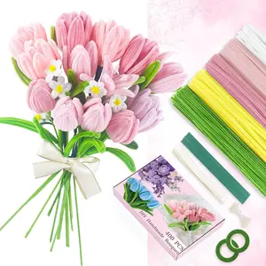 400 count  Pipe Cleaners Craft , 5 Colored Pipe Cleaner Flower Kit, Pastel Chenille Stems for  Bouquet Wrapping Party Decorations with Floral Wire, Ribbons, Tape