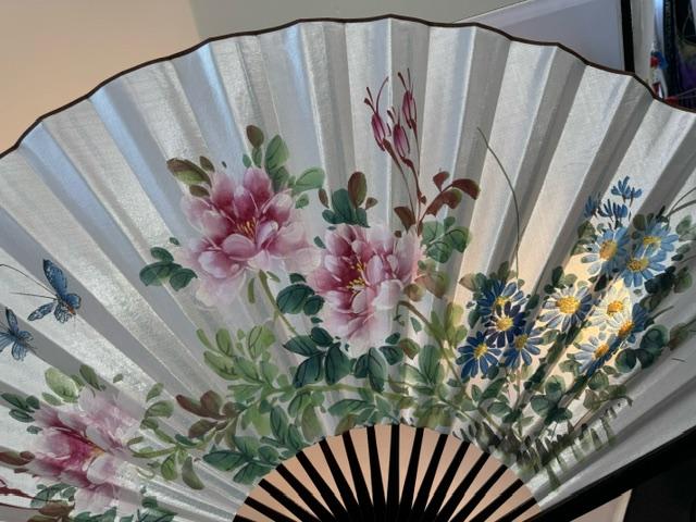 26" Oriental Hand Painted Wooden Silk Fan Decor Wall