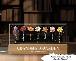 Mother's Day Gift Grandma's Garden Birth Month Flower Personalized LED Night Light with Wooden Base, Custom Name Design, and USB Cable Wire
