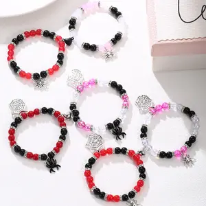 6Counts of Spider Pendant Love Shaped Magnetic Elastic Beaded Couple Bracelet Set