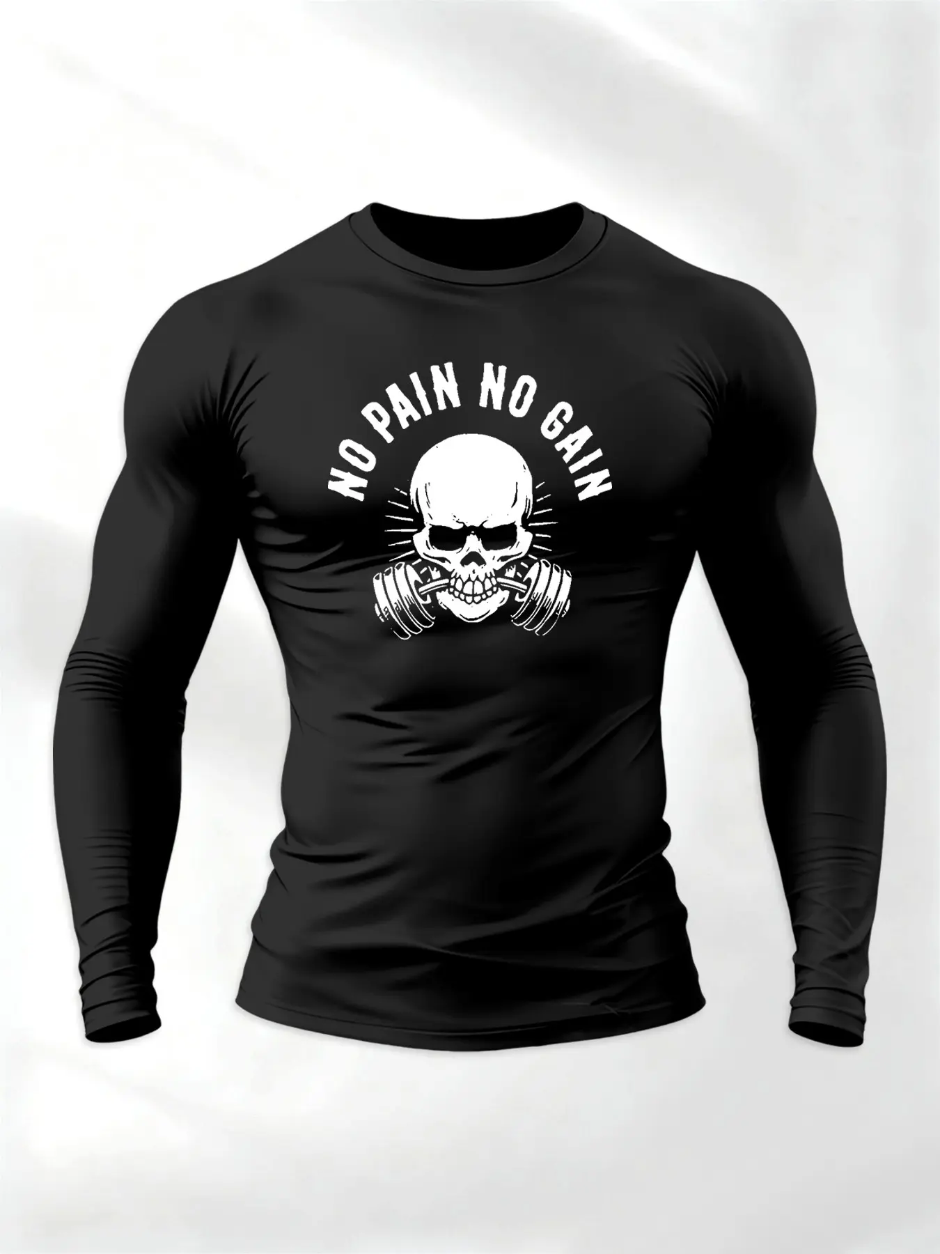 Men's Gothic Long Sleeve T-Shirt, Dumbbell Skull Letter Pattern, Outdoor Fitness Sportswear, Casual Fashion Top, Bodybuilding Fitness Tee, Comfortable Fit