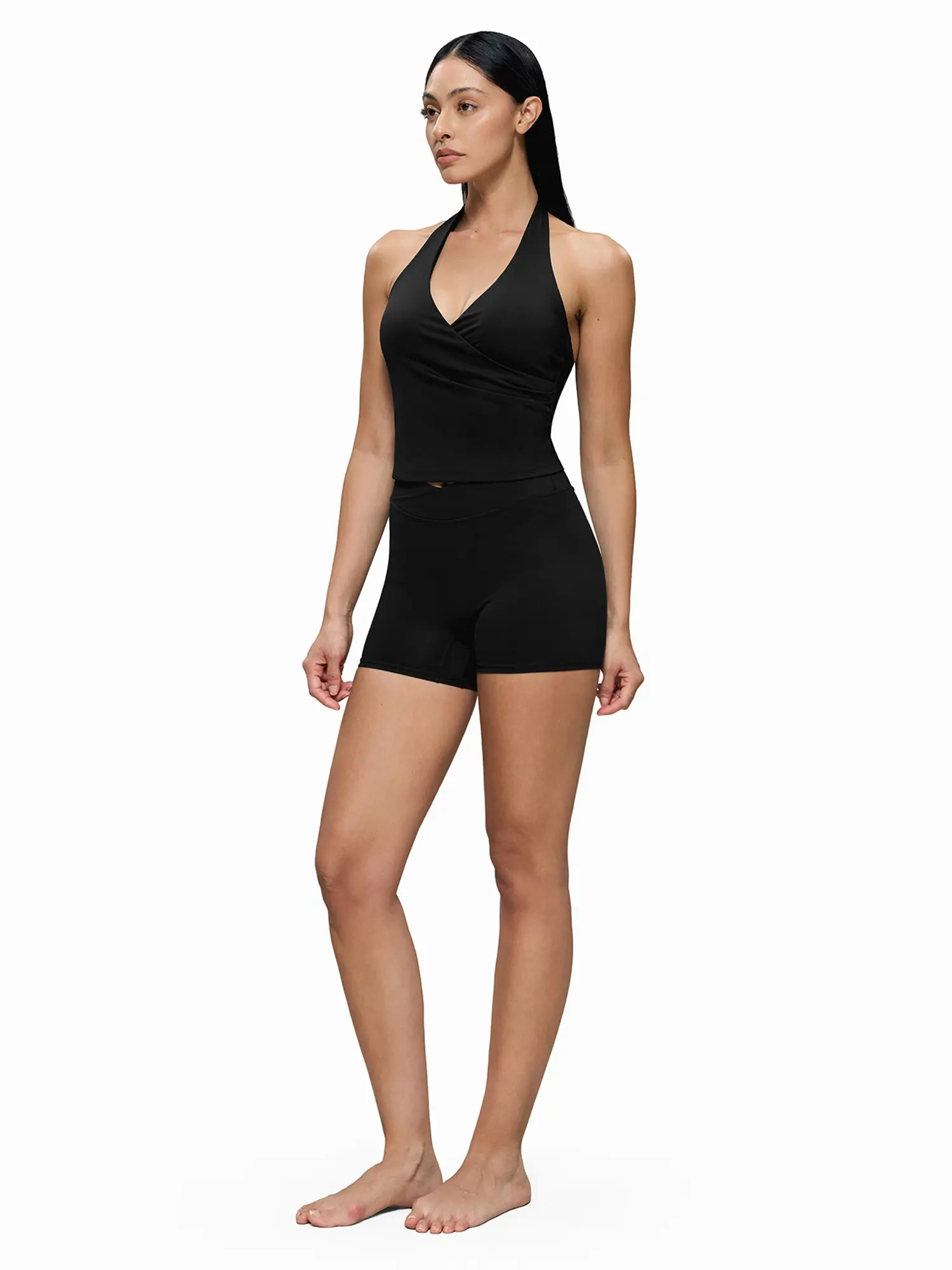 FDR X AOSSIO Women's Deep V Halter Neck Wrap Yoga Tank Top & Crossover Biker Shorts Two Piece Workout Set Activewear two-piece sport