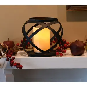 LumaBase Black Banded Metal Lantern w/B/O Candle- 6.5"