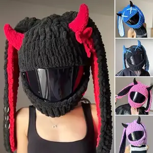 Winter Motorcycle Helmet Headgear Cover Trendy Devil's Horns Creative Cartoon Knitted Motocross Full-Face Protective Helmet Case