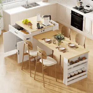 ARCH K&K 82.7 inch Kitchen Island with Extendable Dining Table for 4-6 Person,Two-tone Kitchen Table with Double-sized Storage, Power Outlet, Kitchen island with Storage 2 Drawers 2 Side Open Shelves,White