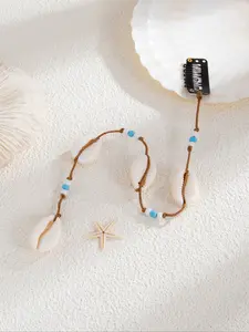 Boho Style Starfish Shell Beaded Hair Accessory for Women, Bead Embellishments, Long Braided Headband, Daily Party Wear, Fashionable Pearl Beads Design, Natural Motifs, Weave Hairpiece