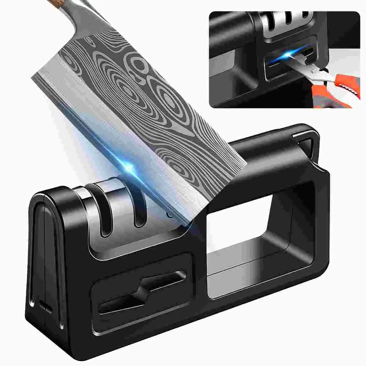 4-Stage No-Battery Stainless Steel Kitchen Knife & Scissors Sharpener, Non-Slip Ergonomic ABS Durable 4-in-1 Tool with No Magnets, Black Family Kitchenware Accessory with 1-Year Replacement