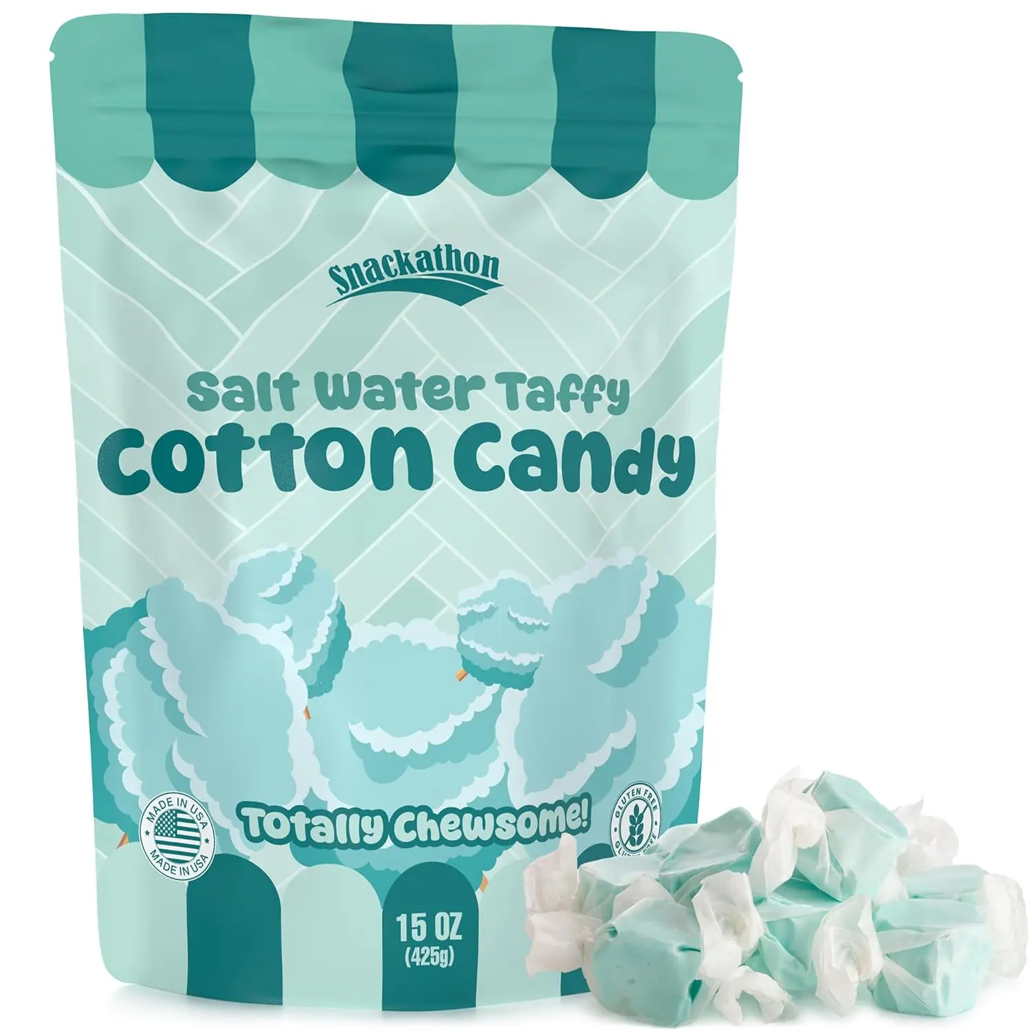 Snackathon Salt Water Taffy Single Flavor, Cotton Candy, Bulk Individually Wrapped Gourmet Candy, Soft & Chewy Sweet Treats, 15 oz Resealable Bag