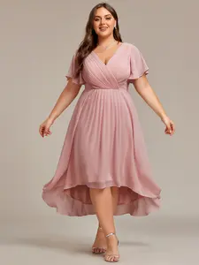 Ever-Pretty 2026 Valentine dress【Plus size curvy dresses】,Chic V Neck Asymmetrical Hem Ruffles Sleeve Pleated Chiffon Wedding Guest Dress for Women Minimalist Shortsleeve Basic Comfort Formal 01923 Womenswear