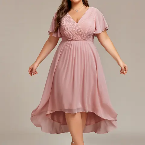Ever-Pretty 2026 【Plus size curvy dresses】,Chic V Neck Asymmetrical Hem Ruffles Sleeve Pleated Chiffon Wedding Guest Dress for Women Minimalist Shortsleeve Basic Comfort Formal 01923 Womenswear