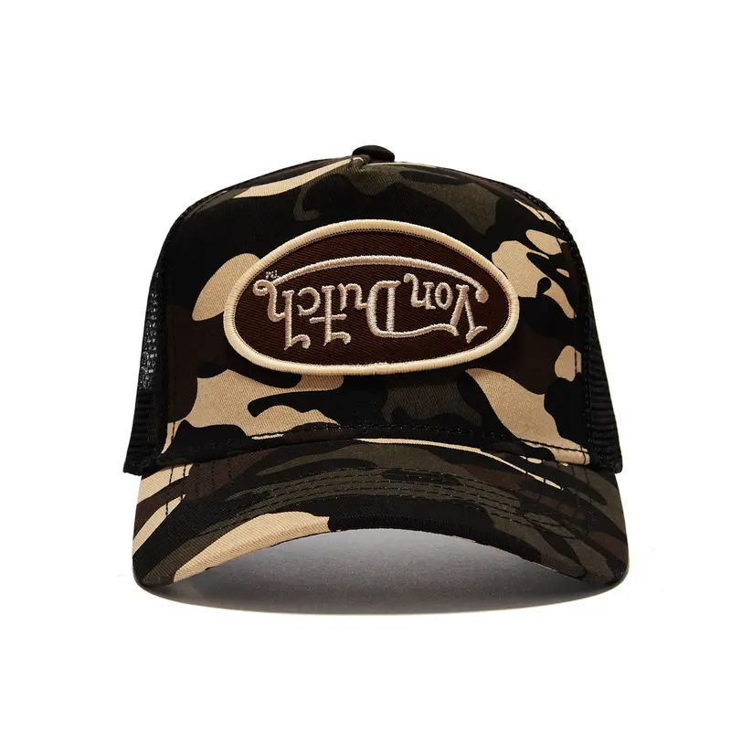 Von Dutch Brown Rambo Camo Embroidered Trucker Hat - Branded Logo, Adjustable Streetwear Net, Graphic, Casual Breathable Outdoor Fashion Accessory, Adjustable Streetwear Hat