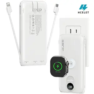 Hcelet Portable Charger 10000mAh 22.5W Fast Charging Power Bank with Built-in Cable & Wall Plug, LED Display Battery Pack for iPhone 17/16, Apple Watch Ultra/SE