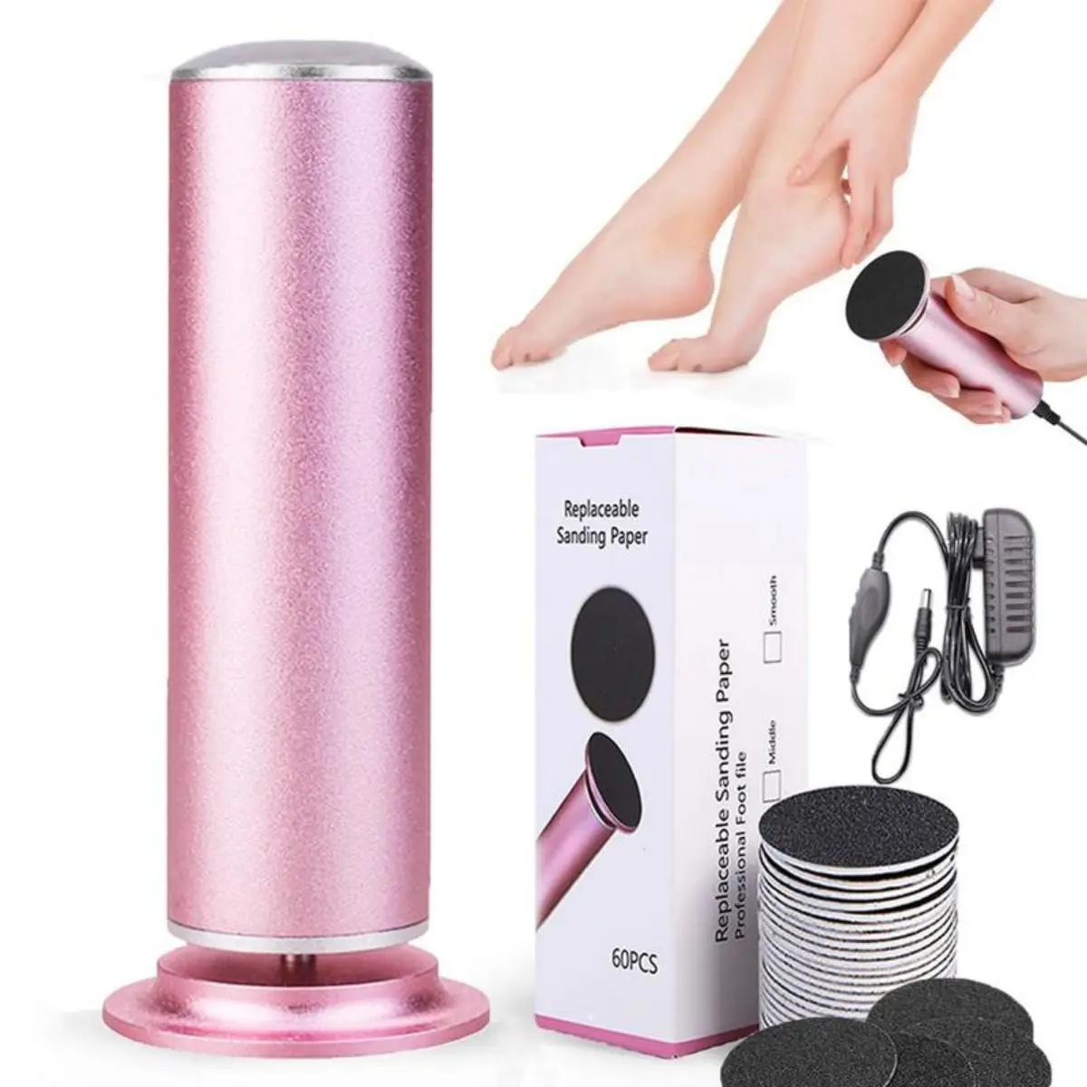 Rechargeable Electric Foot File - Adjustable Speed, 60 Sanding Discs, Foot Callus Remover for Cracked Heels & Hard Skin, Pink Nail Care Pedicure Care Tool (Corn & Callus Removal Solution), Corn And Callus Remover Pedicure Tool
