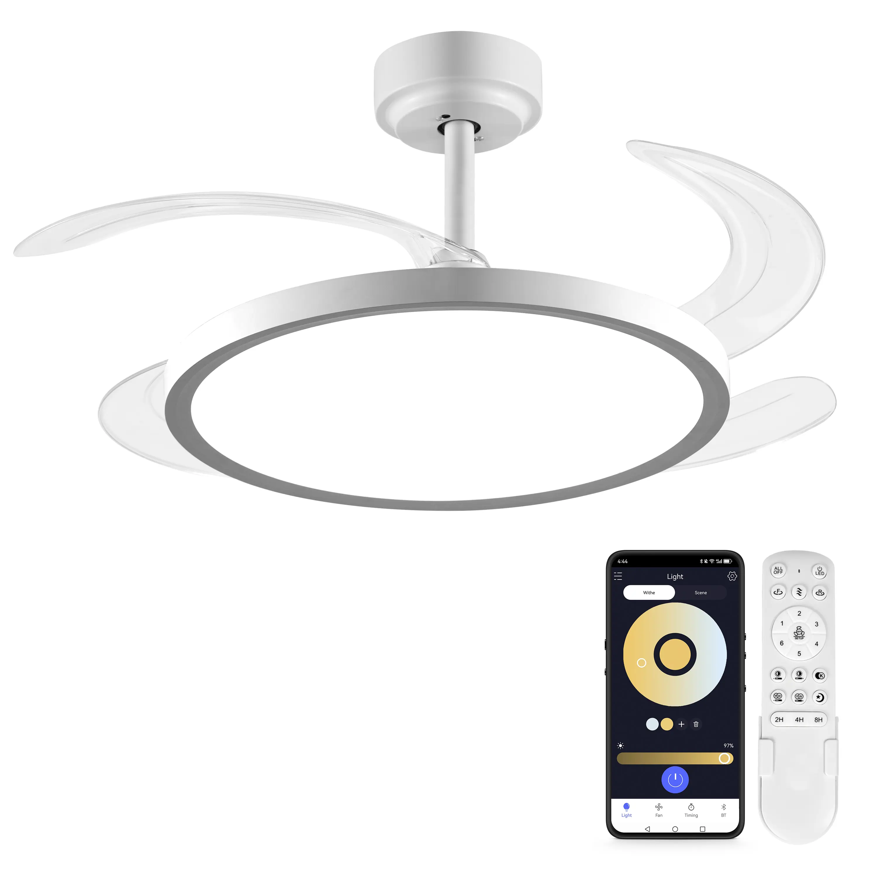 BAYSQUIRREL Slim Retractable Ceiling Fan with Lights and Remote/APP Control, 6 Speed Dimmable Reversible Memory, 42 Inch Modern Silent Smart Fan for Bedroom Living Room Dinning Room, 6 Fan Speeds, 6-Speed Customizable Airflow