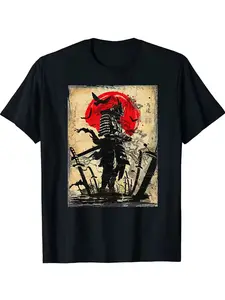 Men's Samurai Graphic Fitted T-Shirt - Japanese Ukiyo-e Art Print (Red Sun & Warrior) Casual Streetwear Crew Neck Short Sleeve Top