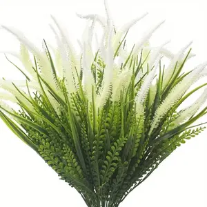 15 Bundles Artificial Plants Outdoor Fake Grass with Flowers UV Resistant Greenery Garden Porch Window Box Decorating