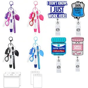 Nurse Badge Holder Set, Nurse Badge Reel, 6 Counts/set Including Mini Highlighter & Permanent Marker & Retractable Ballpoint Pen & Keychain & Scissors & LED Flashlight, Nurse Gift