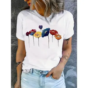2026 New Arrival Oil Painting Floral Print T-Shirt for Women Casual Wear plus  size  top