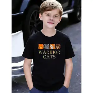Boys' Warrior Cats T-Shirt with Iconic Orange & Gray Cat Design & WARRIOR CATS Text - Round Neck Casual Summer Tee Suitable for Young Animal Lovers