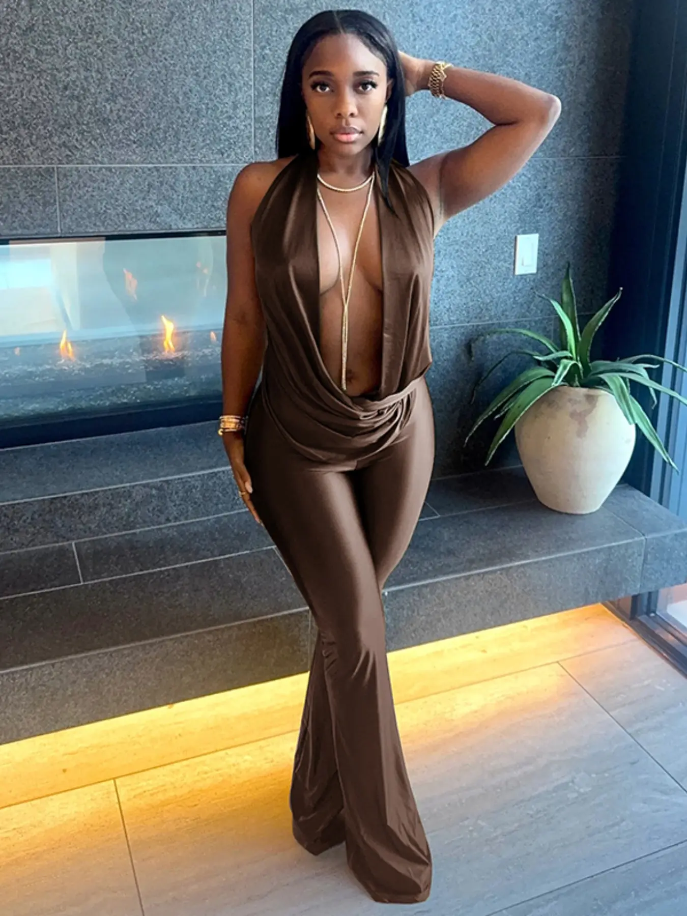 Women's Fashion Sexy Cut-Out Backless Sleeveless Fitted Solid Jumpsuit Outfit Piece, Long Pants, Spring & Fall Casual Wear, Party Essential Clothing