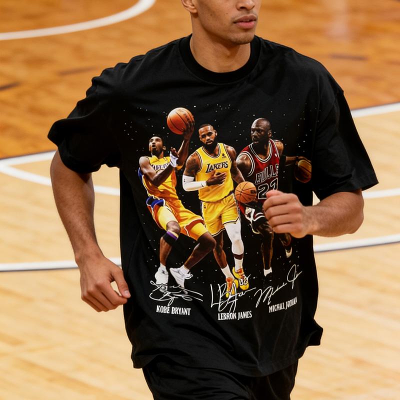 KB Lebron JM Jordan Casual Graphic Print Short Sleeve Crew Neck T-Shirt with Iconic Player Images Menswear Vintage God's Plan Cool Grandpa Grandma Nickname Anime Acid Washed Retro Heart Hands USA Mexico Flag Unisex boxy fit shirt hood ville