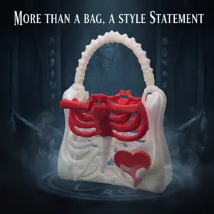 3D Printed Skeleton Rib Cage Handbag with Red Heart | Gothic Spooky Purse for Halloween & Daily Use, Dark Aesthetic Statement Bag