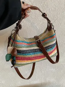 Fashion woven straw bag minimalist shoulder bag, vacation style daily casual commuting handbag crossbody bag Daily Commuter Bag Crossbody Purse