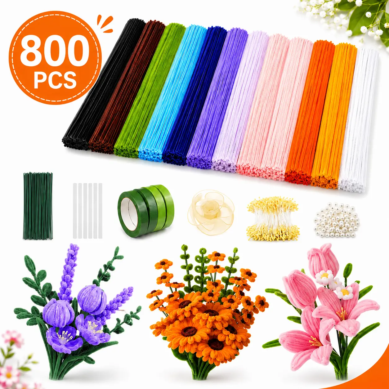800PCS Pipe Cleaners DIY Flower Bouquet Kit, 13-Color Chenille Stems Flower Making Set with Bouquet Handle, Instructions and Complete Craft Accessories for Beginners and Pipe Cleaner Flowers