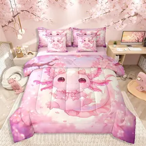 Cute Axolotl Kids Sheet Set,Kawaii Salamander Painting Bedding Set for Boys Girls Bedroom Decor Pink Cherry Blossoms Comforter 7 Pieces Ocean Sealife Fitted Sheet