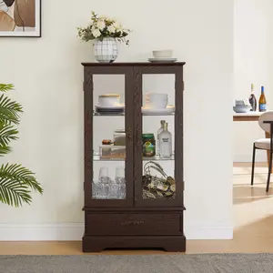 25.98*11.81*47.44 Inch American Retro Glass Display Cabinet with Built-In Light, Adjustable Tempered Glass Shelves & Anti-Tip Kit, Curved Leg Storage Cabinet for Collectibles Wine Book