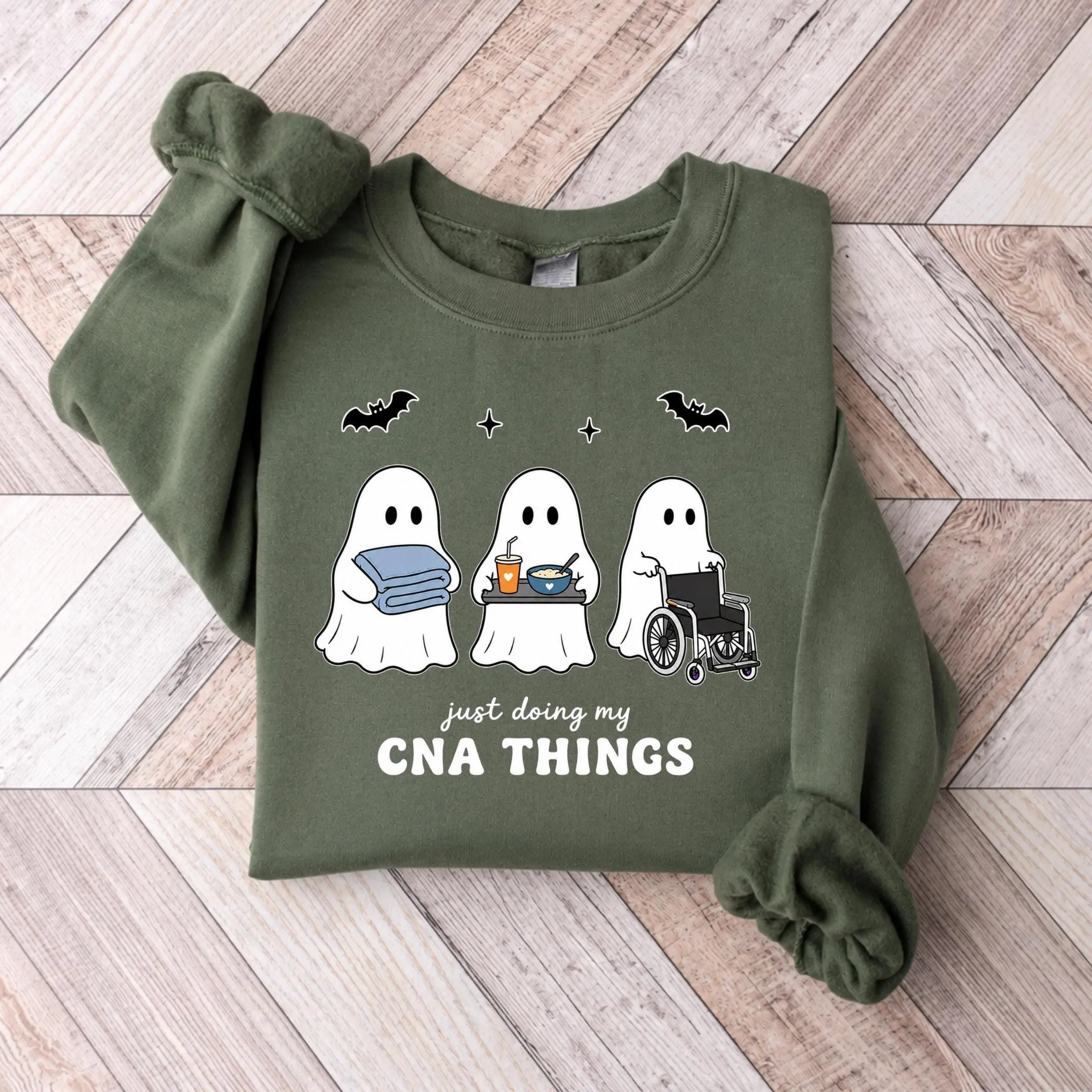 CNA Halloween T-Shirt, Sweatshirt & Hoodie - Certified Nursing Assistant Crewneck, Ghost Nurse Pullover, Healthcare Worker Gift, Fall CNA