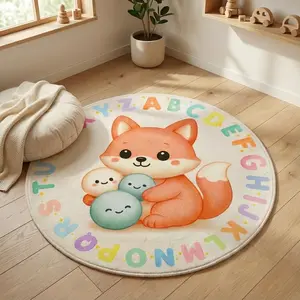 Cute Fox Design ABC Educational Play Rug for Kids Room 120x120 cm Soft Microfiber Non-Slip TPR Backing Cozy Floor Mat Ideal for Nurseries Playrooms Washable Machine