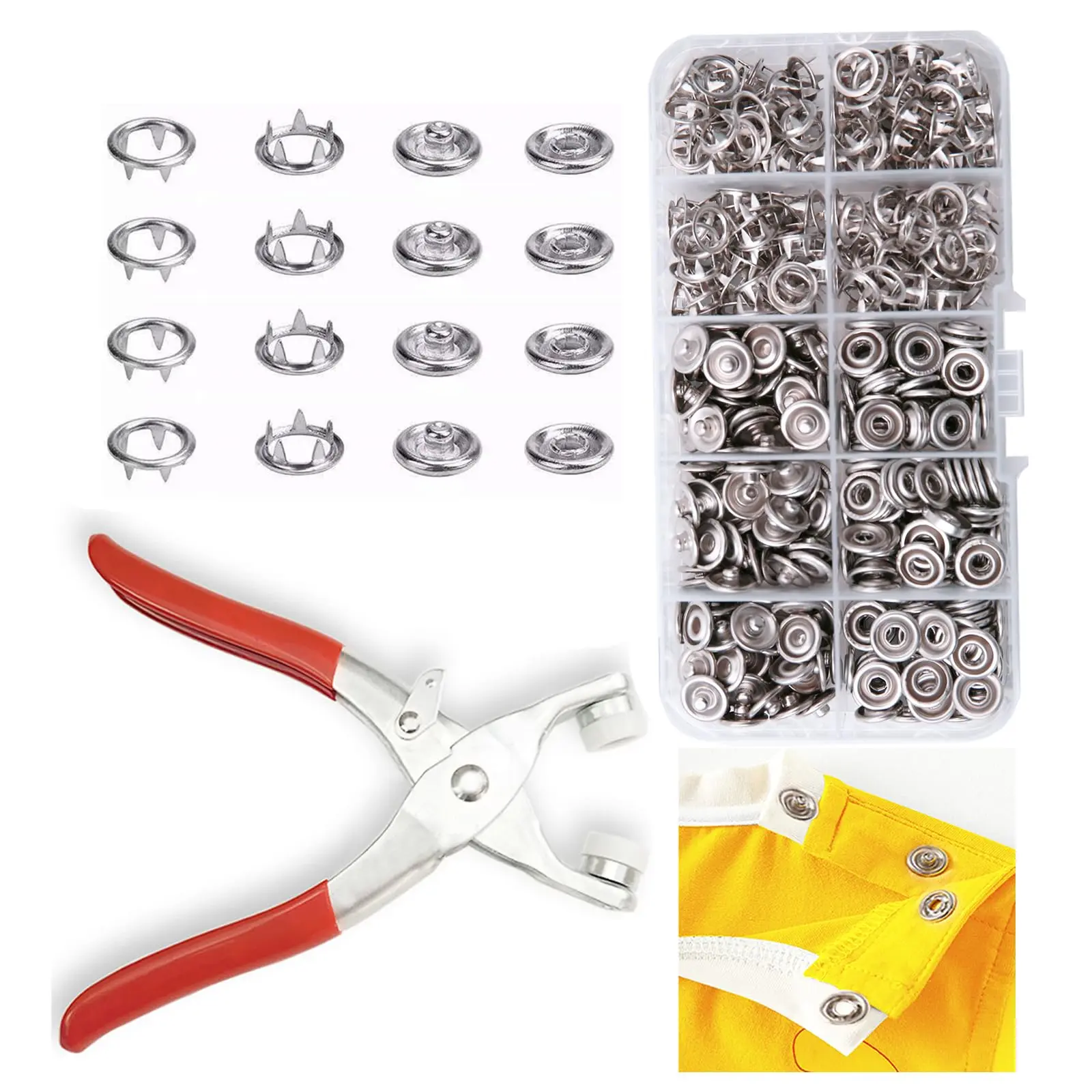 Stainless Steel Functional Snap Button Kit - 3/8 in, 100 Pcs, with Installation Pliers, Metal Finish Fabric Sewing & Home Crafts Haberdashery Accessory for Textiles & Soft Furnishings