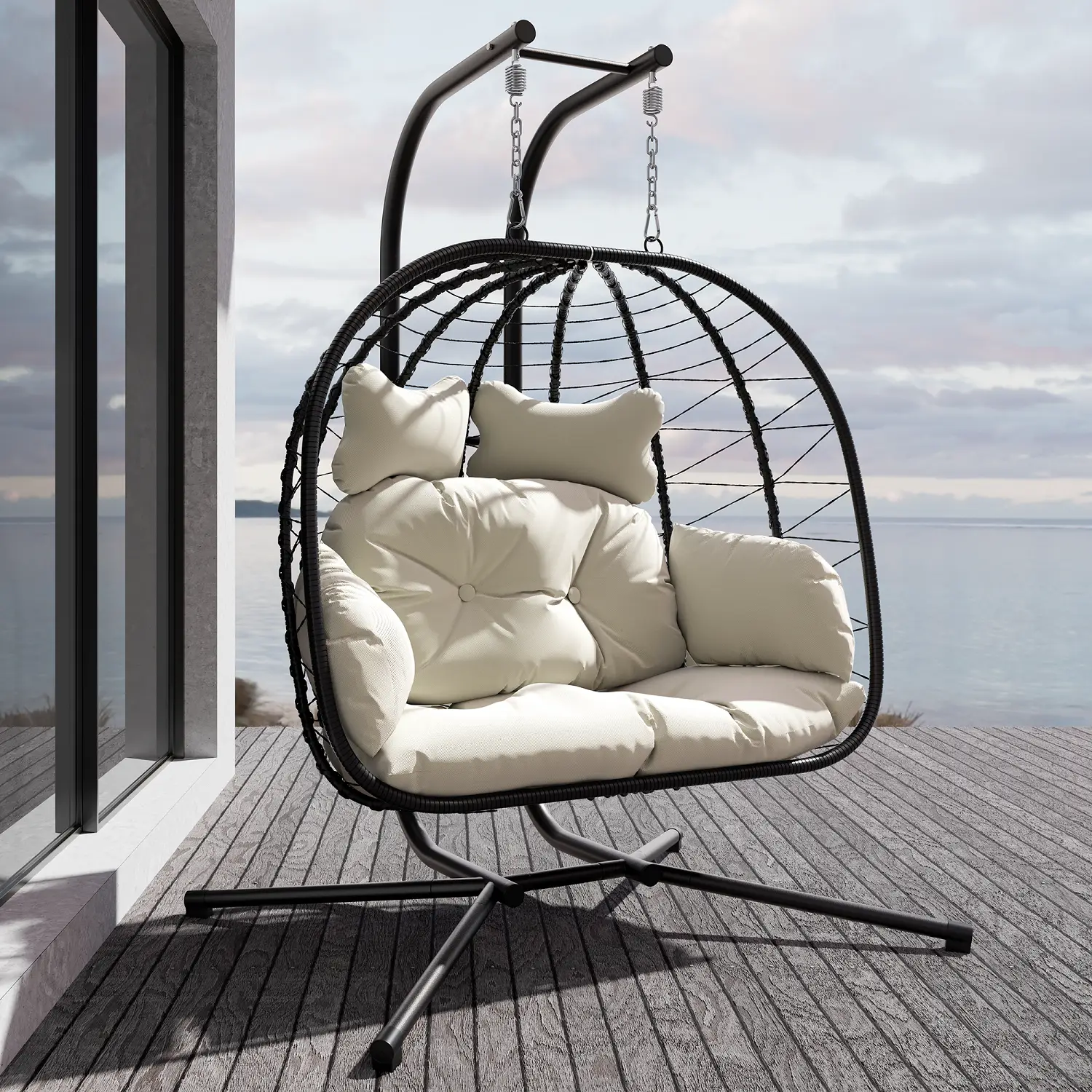 【FallFreshness】RIWENGO Double Hanging Egg Chair with Cushion, 700lbs Capacity - Foldable Patio Chair with Handwoven PE Wicker & Rust-Proof Frame, for