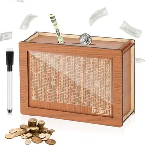 Piggy Bank, (stocking stuffers)Saving Box, Wooden Cash Saver Money Box, Wooden Piggy Bank Coin Bank with Counting Target, Wooden Coin Bank for Boys and Girls, Adults, Best Gift for Friends (Brown, 10000$)