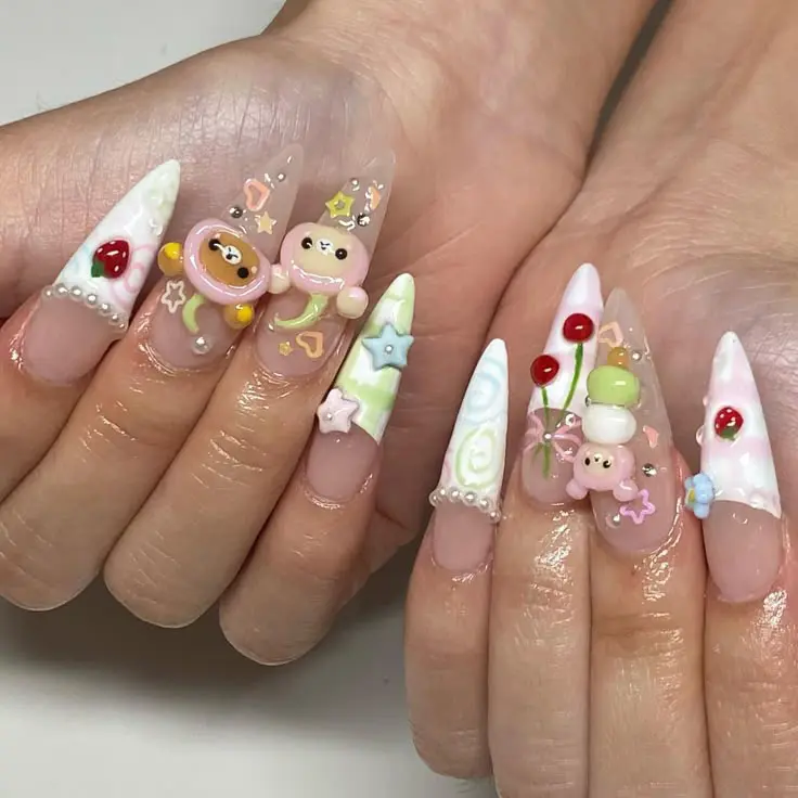 T3 Lynn Whimsical Cherry Press-On Nails, 3D Bear & Dessert Charms, Pearl Tips, Swirl Details, Custom Press-On Nail, Pastel Gift for Her