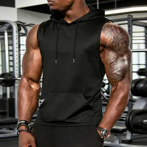 Men's Fitness Hooded Tank Top Athletic Training Sleeveless Fitness Hoodie Fitness Cut Shirt, Kangaroo Pocket