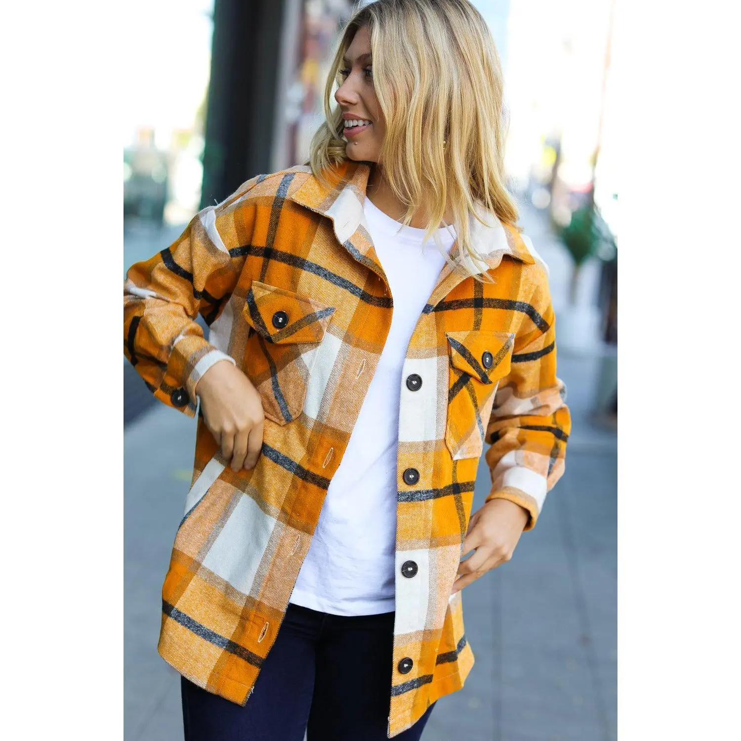 Weekend Ready Butterscotch Plaid Flannel Oversized Jacket