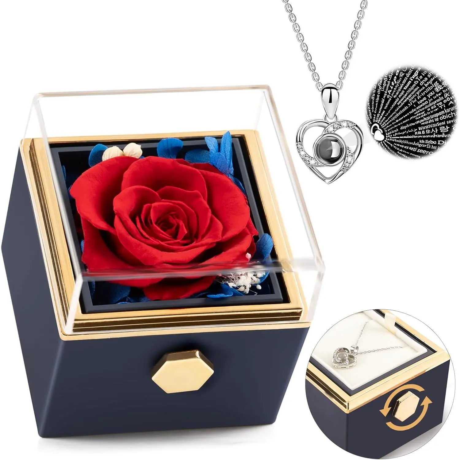 Forever Rose Gifts for Her,Preserved Real Red  Rotating Box with I Love You Necklace 100 Languages,Mothers Day Eternal Rose Rotating  Box Gifts for Women Mom Wife Girlfriend