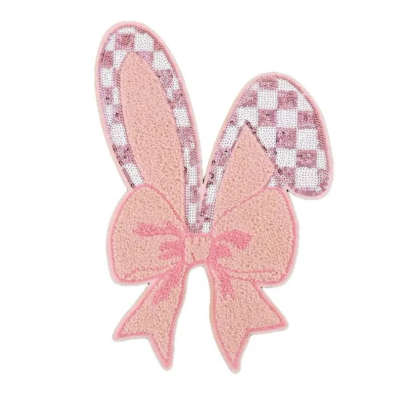 Easter Iron On Patches - Pink Butterfly Design with Black and White Checkerboard Patterns