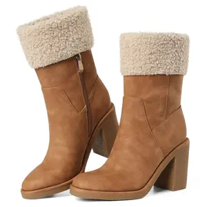 Womens Winter Snow Boots Suede Elegant Round Toe Chunky Block High Heel Soft Warm Mid Calf Booties Slip on Outdoor Casual Party Gifts Dress Shoes