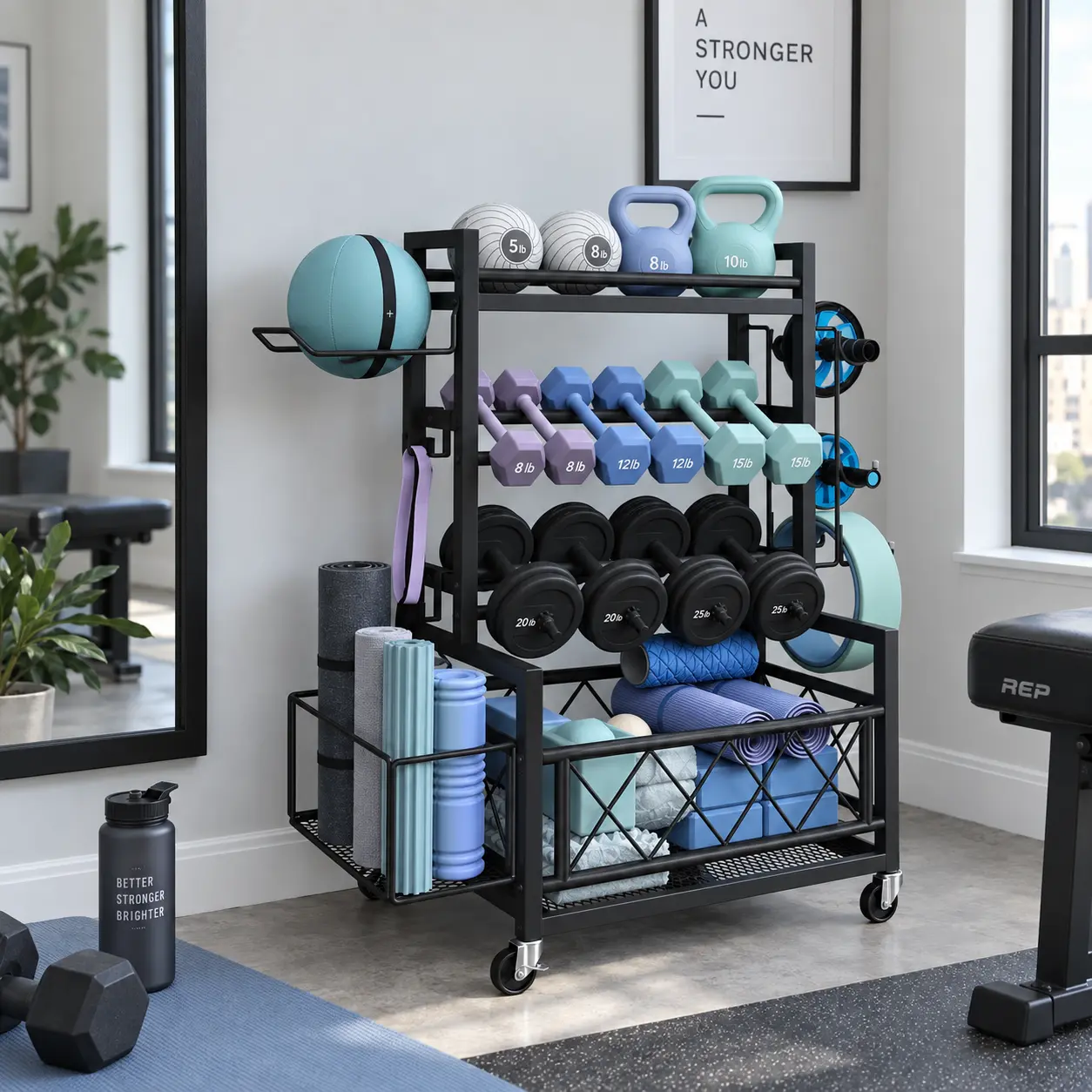 【All-in-One Gym Storage】Costoffs Rolling Dumbbell Rack, 400 lb Capacity Home Gym Organizer with Adjustable Dumbbell Holders, Storage Baskets, Hooks & Lockable Wheels for Dumbbells, Kettlebells, Yoga Mats and Workout Gear