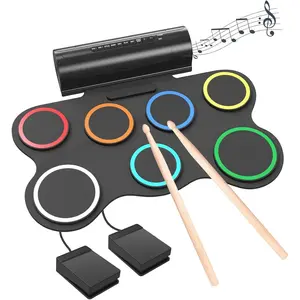 7 Pad  Drum Set, Roll Up Drum Practice Pad Midi Drum Kit with Headphone Jack, Built-in Speakers Pedals Sticks 6 Hours Playtime, Rechargeable, Christmas  for Beginners